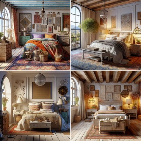 Collage of four cozy, artistically decorated bedroom interiors featuring eclectic, bohemian, and rustic styles with plush bedding, vintage furniture, and vibrant textiles under natural lighting. Eclectic Mediterranean, Fashion Decor Bedroom, Mediterranean Bedroom, Bedroom Decor Inspiration, Cottage Life, Bohemian Bedroom Decor, Decorating Styles, Modern Bedroom Decor, Bohemian Bedroom