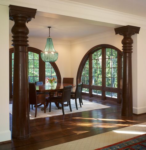 We complemented the dramatic arched windows in this Queen Anne style house with Balinese columns, a perfect blending of style and culture. Rustic Indian Homes, Houses With Round Windows, Queen Room Aesthetic, Modern Balinese House, Kerala Style House, Arch Windows, Arsitektur Kolonial, Arch Window, India Home Decor