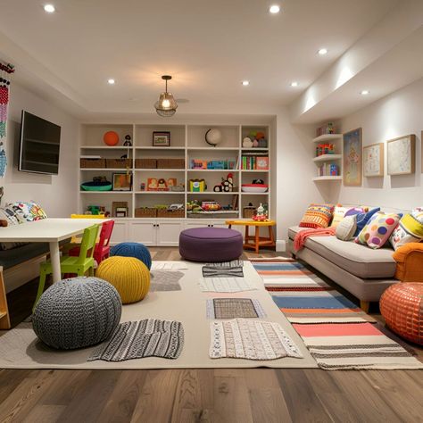 Basement - Size, Functionality, Uses, Furniture And Renovation Kids Playroom Tv Wall, Basement Family Playroom, Grandkids Playroom At Grandmas, Tv Room Kids, Kids Basement Playroom, Playroom Colorful, Den Playroom, Playroom Layout, Kids Tv Room