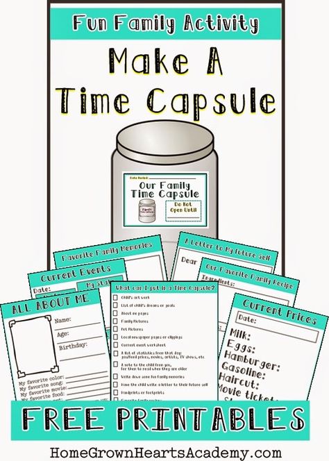 Fun Family Activity: Make a Time Capsule. Free Printables https://homegrownheartsacademy.blogspot.com/2015/01/make-time-capsule.html Time Capsule Printable Free, Kindergarten Time Capsule, Time Capsule Ideas For Teens, Make A Time Capsule, Time Capsule Kids, Time Capsule Ideas, Homeschool Education, Family Fun Night, Family Home Evening