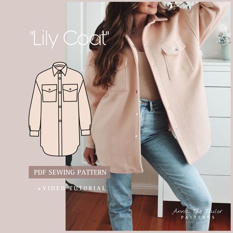 LILY Coat Shirt Printable Sewing Pattern A4 pdf Digital Download XS-XL sizes Clear Sewing Instructions Video Tutorial Sew Coat Pattern, Sewing Work Clothes, Women’s Jacket Sewing Patterns, Jacket Sewing Pattern Free, Wool Jacket Pattern, Wool Coat Pattern, Sewing With Flannel, Bison Board, Sewn Clothes