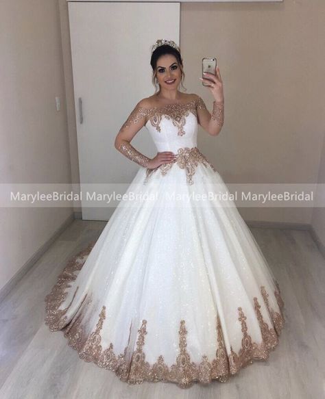 Princess White Wedding Dress With Rose Gold Appliques Vintage Transparent Long Sleeves Bridal Dress Ball Gown robe mariage _ - AliExpress Mobile Rose Gold Gown Wedding, White And Gold Ball Gown, Gold Sweet 16 Dresses, Rose Gold Ball Gown, Bridal Dresses Ball Gown, Rose Gold Gown, Rose Gold Wedding Dress, Rose Gold Princess, Gold Wedding Gowns