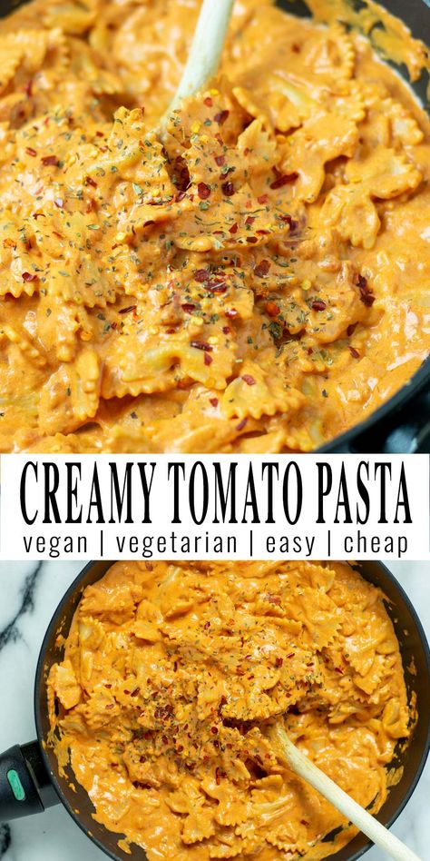 This super simple Creamy Tomato Pasta is in 20 minutes on the table. All you need are pantry staples like crushed tomatoes, vegan cream cheese, chili flakes, garlic. A great weeknight meal the whole family will love, even the pickiest eaters. #contentednesscooking #vegan #dairyfree #vegetarian #creamytomatopasta #dinner #lunch #20minutemeals #pastatomato #mealprep Vegan Tomato Cream Pasta, Vegan Cream Cheese Pasta Sauce, Creamy Vegan Tomato Pasta, Vegan Tomato Cream Sauce, Vegan Recipes With Cream Cheese, Creamy Tomatoes Pasta, Pasta Diced Tomatoes Recipe, Vegan Pasta Recipes Creamy, Crushed Tomato Pasta Sauce