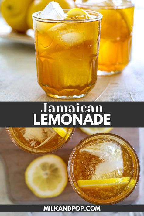 Lemonade in glass with ice and lemons. Flavored Lemonade Bar, Specialty Lemonade Recipe, Jamaican Lemonade Recipe, Unique Lemonade Recipes, Jamaican Drinks Non Alcoholic, Cool Recipes For Summer, Orange Drinks Nonalcoholic, Fall Lemonade Recipe, Homemade Refreshers