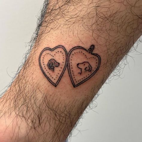 Best Friend Dog Tattoo, Tattoo For Two Dogs, Boston Terrier Traditional Tattoo, American Traditional Labrador Tattoo, Animal With Hearts Tattoo, Me And My Dog Boygenius Tattoo, Me And My Dog Tattoo, Dog And Hand Tattoo, Bernedoodle Tattoo