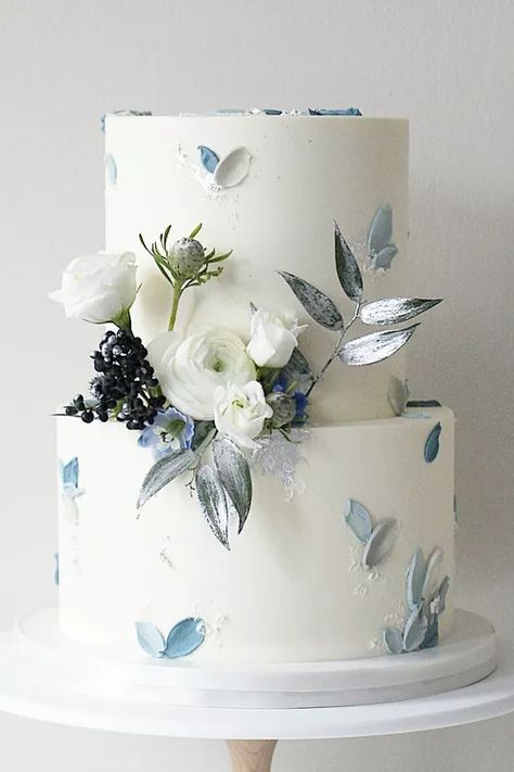 Engagement Cake Blue And White, Dusty Blue Navy Wedding Cake, Rustic Dusty Blue Wedding Cake, Simple Wedding Cake Dusty Blue, Dusty Blue Floral Wedding Cake, Simple Wedding Cake 2 Tier Blue, White Wedding Cake With Blue Accent, Sage And Dusty Blue Wedding Cake, Sage Green And Blue Wedding Cake