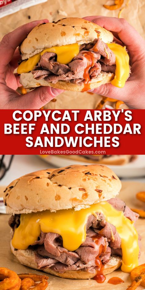 Copycat Arby's Beef and Cheddar Sandwiches pin collage Copy Cat Arbys Beef N Cheddar, Arbys Beef And Cheddar Crockpot, Arbys Beef And Cheddar Easy, Roast Beef Breakfast Sandwich, Home Made Arbys Beef And Cheddar, Foods You Can Make At Home, Copycat Arbys Roast Beef Sandwich, Copycat Arby's Beef And Cheddar, Beef And Cheddar Arbys