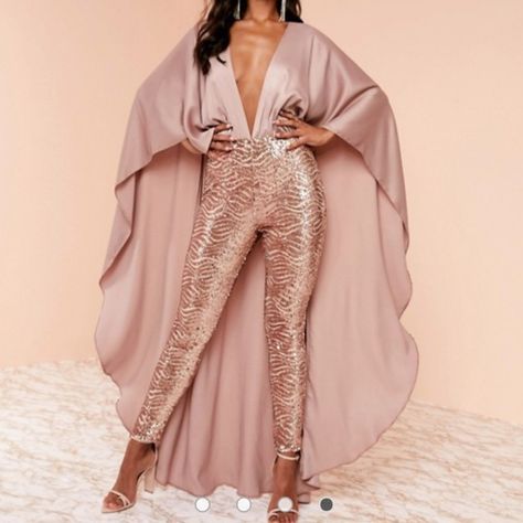 Satin Caped Drep V-Neck Jumpsuit Sequined Pants With Back Zip And Hook And Eye Closure. Mauve & Rose Gold Nwt. Couture, Rose Gold Pants Outfit, Rose Gold Outfits, Rose Gold Dress Outfit, Rose Gold Outfit, Rose Gold Jumpsuit, Jumpsuit With Cape, Jumpsuit Sequin, Jumpsuit Wedding