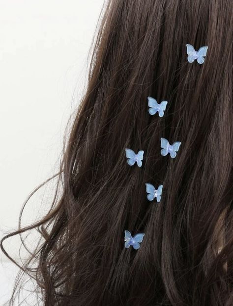 Blue Butterfly Dresses, Blue Butterfly Clips, Blue Butterfly Hair Accessories, Blue Butterfly Accessories, Light Blue Hair Accessories, Blue Prom Accessories, Blue Accessories Aesthetic, Blue Butterfly Outfit, Butterfly In Hair