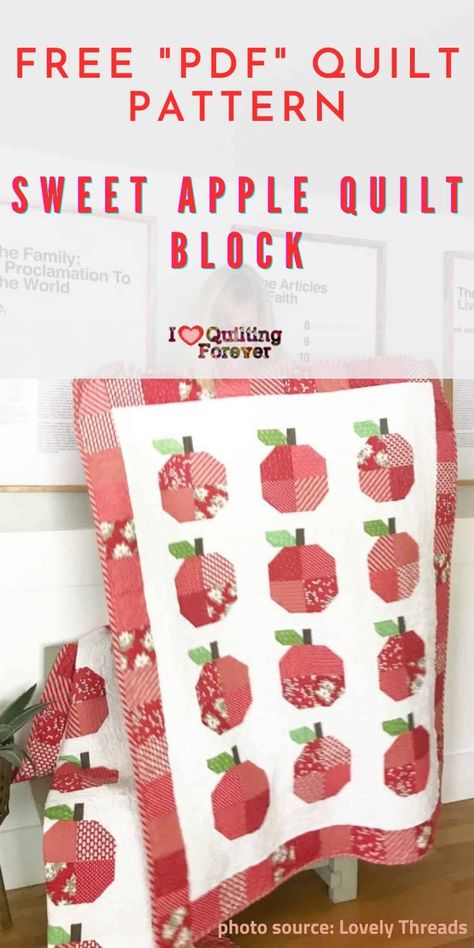 Free Quilt Pattern: Sweet Apple Quilt Block Patchwork, Tela, Apple Quilt Pattern, Apple Quilt Block Pattern Free, Fall Quilts Patterns, Fall Quilt Patterns Free, Fall Quilt Blocks, Apple Quilts, Pumpkin Quilts