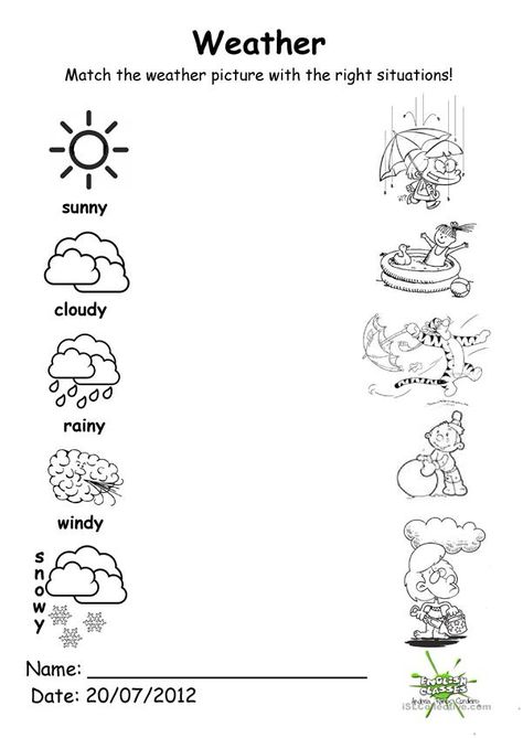 Weather match - English ESL Worksheets for distance learning and physical classrooms Weather Worksheets For Kindergarten, Kindergarten Weather, Weather Kindergarten, Weather For Kids, Weather Activities Preschool, Seasons Worksheets, Weather Lessons, Weather Worksheets, Preschool Weather