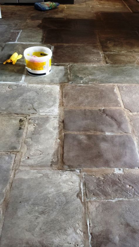 Painted Flagstone, Cottage Floors, Flagstone Floor, Flagstone Tile, Cottage Flooring, Scottish Cottages, Floor Grout, Paving Pattern, Clean Kitchen Cabinets