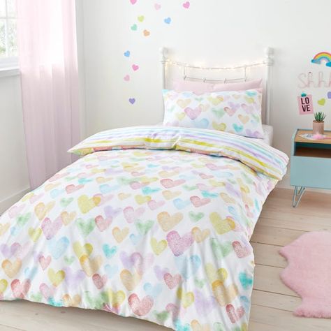 Pastel Rainbow Room, Pastel Girls Room, Pokemon Bedroom, Pretty Duvet Covers, Stripe Bedding, Rainbow Bedding, Pb Kids, Hearts Print, Rainbow Room