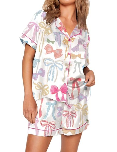 PRICES MAY VARY. Cute Design: Women 2 piece casual sets, longe sets for women, pajamas set for women, cute cartoon, fruit printing, long sleeve, 1 breast pocket, front button closure and lapel collar. Matching with high waist shorts, elegant and cozy to wear. Soft Material: The 2-piece pajama set for women is made of 95% polyester and 5% spandex, soft, breathable, lightweight, smooth, skin friendly and cozy to wear. Occasions: Casual daily wear, streetwear, party, night out, nightwear, sleepwear Pjs Summer, Lounge Sleepwear, Loungewear Outfit, Satin Nightwear, Summer Sleepwear, Pyjama Satin, Nightwear Women, Chic Sundress, Womens Knit Dresses