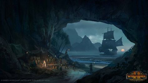 Pirate Hideout by AlcoholicHamster Fantasy Hideout, Pirate Fantasy Art, Dnd Pirates, Game Environment Concept Art, Pirate Hideout, Vampire Counts, Pirate Island, Alternate Worlds, Pirate Art