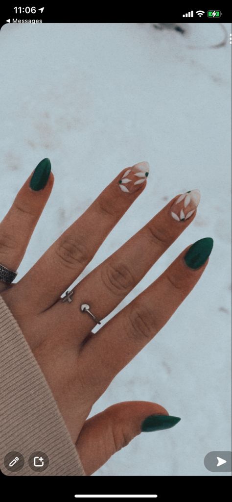 #nailsdesign #green #greennail Emerald Green Minimalist Nails, Green And White French Tip Acrylic Nails, Emerald Green Biab Nails, Cute Almond Nails Green, Nail Inspired Green, Nails Inspiration Emerald Green, Dark Green Short Almond Nails, Nails With Flowers Green, Simple Nails Emerald Green