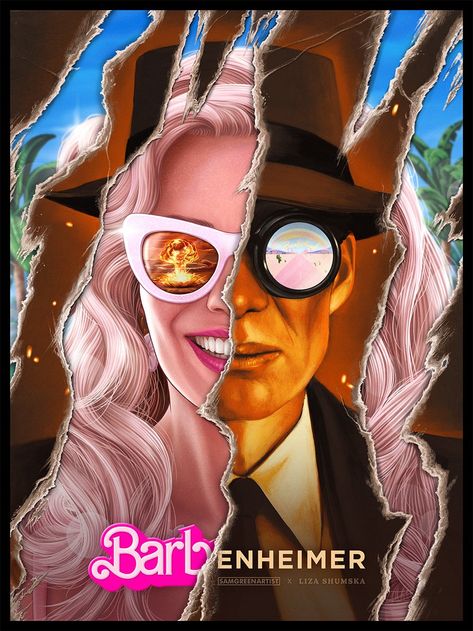 barbenheimer - barbie x oppenheimer (art by samgreenartist x liza_shumska) Film Wallpaper, Emotional Movies, Robert Oppenheimer, Райан Гослинг, Pastel Poster, Maze Runner Movie, Internet Culture, Film Poster Design, Cool Backgrounds Wallpapers