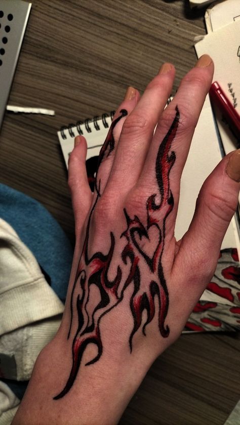 Pen Drawn Tattoos, Drawing With Red Pen, Red Thoughts Unholy Drawings, Red And Black Drawings, Pen Art On Hand, Red Pen Sketch, Pen Drawing On Hand, Hand Drawings On Hand With Pen, Drawings On Hands Pen