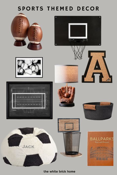 Sports bedroom theme. Decor for a boys bedroom that is sports themed. Basketball room decor. Football theme bedroom decor. Dark and moody boy bedroom that is sports themed. Football bedroom ideas. Bedroom ideas for a boy. Teen bedroom boy ideas for a sports bedroom. Vintage Sports Bedroom, Kids Sports Bedroom, Boys Basketball Bedroom, Boys Football Bedroom, Boys Football Room, Baseball Table, Sports Themed Bedroom, Sports Room Boys, Basketball Bedroom