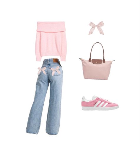 Pink outfit with bows, Adidas shoes, pink bag, and off the shoulder sweater Pink Shoulder Bag Outfit, Pink Handbag Outfit, Adidas Shoes Pink, Pink Bag Outfit, Outfit Soft Girl, Pink Bags Outfit, Pink Shoes Outfit, Pink Sweater Outfit, Flat Shoes Outfit
