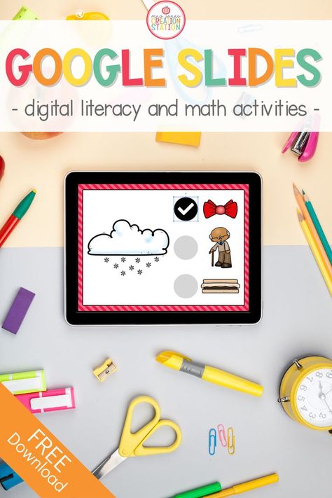 Digital literacy and math resources for your pre-k and kindergarten classroom. This free digital resource includes a rhyming and addition practice through Google Slides™ and Seesaw™. #digitalactivities #kindergarten #prek #addition #rhyming Counting Games, Education Printables, Free Educational Printables, Addition Practice, Mrs Jones, Kindergarten Curriculum, Math Centers Kindergarten, Creation Station, Digital Literacy