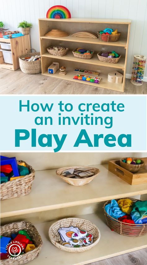 Daycare Shelf Ideas, Behind Couch Play Area, Montessori, Simple Play Corner Ideas, Play Area Organization Small Spaces, Montessori Play Space, Reggio Inspired Playroom, Functional Playroom Ideas, Montessori Playroom Decor