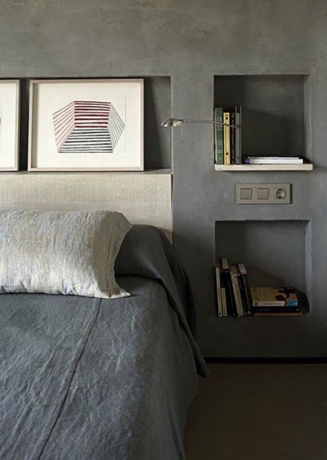 Cement Bedroom, Masculine Bedroom Design, Masculine Bedroom, Wall Niche, Headboard Wall, Grey Bedroom, Headboard Storage, House Design Photos, Gray Bedroom