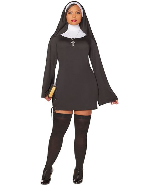 Stockings Outfit Plus Size, Short Dress With Stockings Outfit, The Nun Costume, Evil Queen Halloween Costume, Dress With Stockings Outfit, Nun Halloween Costume, Nun Halloween, Queen Halloween Costumes, Sister Costumes