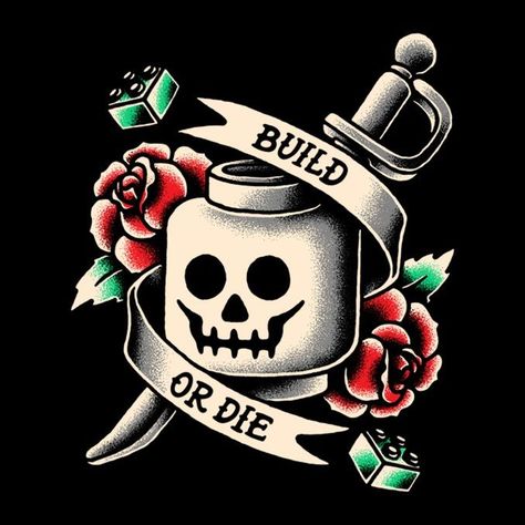 LEGO Build or Die T-Shirt Lego Tattoo, Howling Wolf Tattoo, Tattoo Funny, Funny Tattoo, Tattoo Style Art, Lego Halloween, Lego Head, Rose Shoulder Tattoo, Family Tree Tattoo