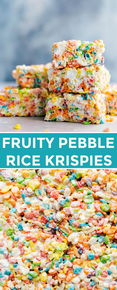 Colorful, sweet, and easy to make fruity pebble rice krispie treats will be a hit wherever you serve them! These treats take minutes to assemble, are easy to transport, and require only 6 ingredients. #treats #recipe #fun #desserts #cereal bars Cereal Rice Krispies, Homemade Fruity Pebble Rice Krispies Treats, Best Fruity Pebbles Rice Crispy Treats, Rice Crispy Treats With Different Cereal, On The Go Desserts Treats, Fruity Pebble Treats Recipe, Rice Krispie Treats Different Cereal, Making Rice Krispie Treats, Fruity Pebbles Rice Krispie Treats