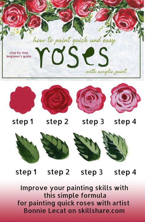 How to Paint Easy Roses with Acrylic Paints via @bmurphylecat Step By Step Acrylic Flower Painting, Paint A Rose Step By Step, Paint Flowers Easy Acrylic, Rose Tutorial Painting, Diy Rose Painting, Floral Paintings Acrylic Easy, Acrylic Leaves Painting Easy, Simple Rose Painting Acrylic, Painting A Rose Step By Step