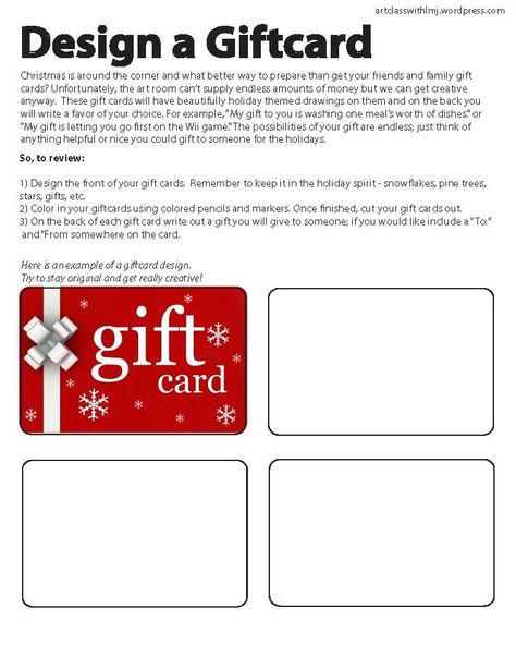 Giftcards design - the students could use design the gift card using photoshop rather then coloring it in with colored pencils, this uses the visual, for design, the physical, for actually designing the car, the logical, for having to plan it out, and the solitary because it would be a single person project. Elementary Projects, Art Sub Lessons, Fun Lesson Plans, Free Draw, Teaching Graphic Design, Art Sub Plans, Dt Projects, Art Handouts, Confirmation Bias