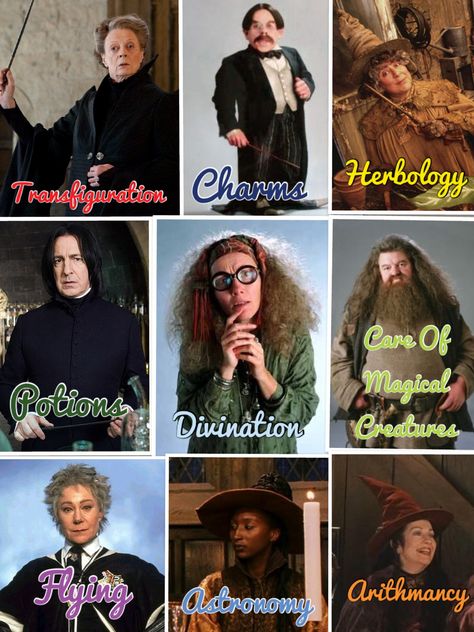 I made this collage of the different classes at Hogwarts. Hope you like it!!! All Hogwarts Classes, Harry Potter Teachers, Hogwarts Classes, Hp Aesthetic, Hogwarts Professors, Elementary Math Classroom, Teacher Photo, Potter Quotes, Class Teacher