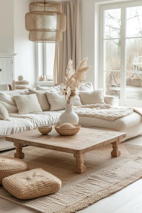 Modern Aesthetic Interior Design, Beach House Boho Decor, Living Room Decor Boho Modern, Boho Chic House Decor, White And Wooden Living Room, Natural Boho Living Room, Living Room Boho Ideas, Loungeroom Styling, Living Boho Chic