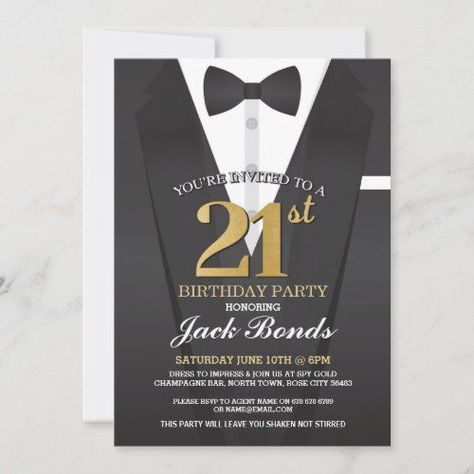 $2.91 | 21st Birthday Spy Suit Black tie Gold Invitation #invitation #spy #tuxedo #21st #21stblacktieparty #secret #twentyfirst #21stinvite #21stbirthdaycocktailparty #21stsurprisebirthdayinvite Black Gold Tuxedo, Spy Suit, Tuxedo Invitation, Gold Invitations Birthday, 21st Invitations, Birthday Cocktail Party, Fifties Party, Gold Tuxedo, Black Tie Party