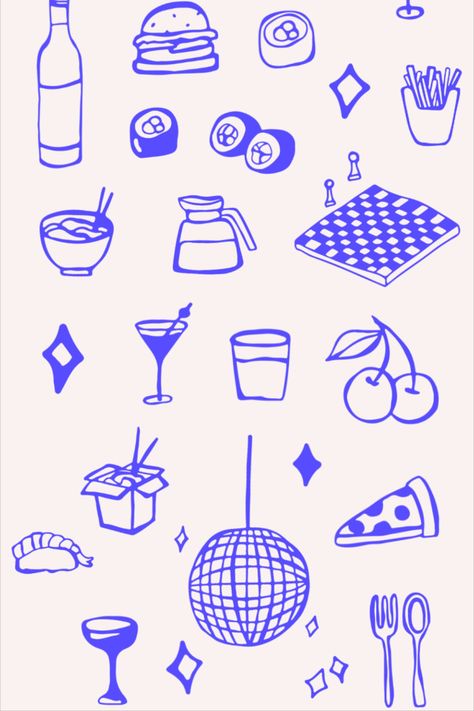 Hand-drawn Funky Food and Drink Illustrations Branding #alimento #restaurant Cute Illustration Food, Icon Poster Design, Hand Drawn Food Illustration, Drawn Disco Ball, Hand Drawn Illustration Style, Disco Ball Illustration Graphic Design, Pizza Illustration Art, Doodles Graphic Design, Skewer Illustration