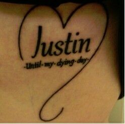 Replacing the name Justin with Sam. Tattoos For Husband Name, Husband Name Tattoos, Justin Tattoo, Grandchildren Tattoos, Watercolor Heart Tattoos, Him And Her Tattoos, Finger Tattoos For Couples, Husband Tattoo, Floral Back Tattoos