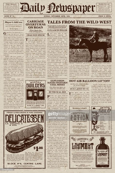 Vintage Victorian Style Newspaper Design Template High-Res Vector Graphic - Getty Images Decorative Typeface, Kertas Vintage, Newspaper Fashion, Collage Mural, Newspaper Layout, Newspaper Template, Times Newspaper, Hypebeast Wallpaper, Vintage Newspaper