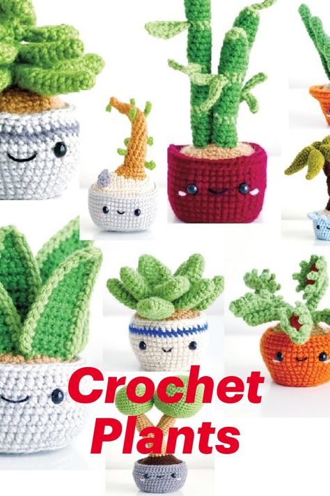 Amigurumi Patterns, Beginner Crochet Plant, Crochet Bamboo Plant, Crocheted Potted Plants, Amigurumi Potted Plant Free Pattern, Crochet Plant In Pot, Crochet Succulent Pot Pattern Free, Free Crochet Plants Patterns, Crochet Patterns Plants