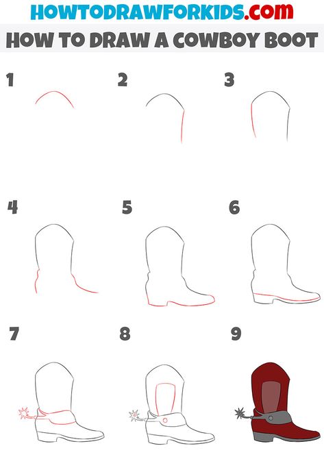 how to draw a cowboy boot step by step Easy Cowboy Boots Drawing, How To Draw A Cowgirl Boot, Cowboy Boots Art Reference, Cowboy Boots Acrylic Painting, Easy Boot Drawing, How To Draw Boots Step By Step, Easy To Draw Cowboy Boots, How To Draw A Cowboy Boot Step By Step, How To Draw A Cowboy Hat Step By Step