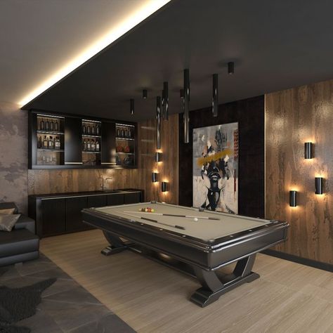 luxurious relaxation and game room in dark tones, with library, gaming computer, musical instruments, projection screen, billiard table and large comfortable sofa Luxury Billiard Room, Lounge Decorating Ideas, Lounge Room Designs, Modern Music Room, Lounge Decor Ideas, Pool Room Ideas, Billards Room, Billiards Room Decor, Lounge Room Ideas