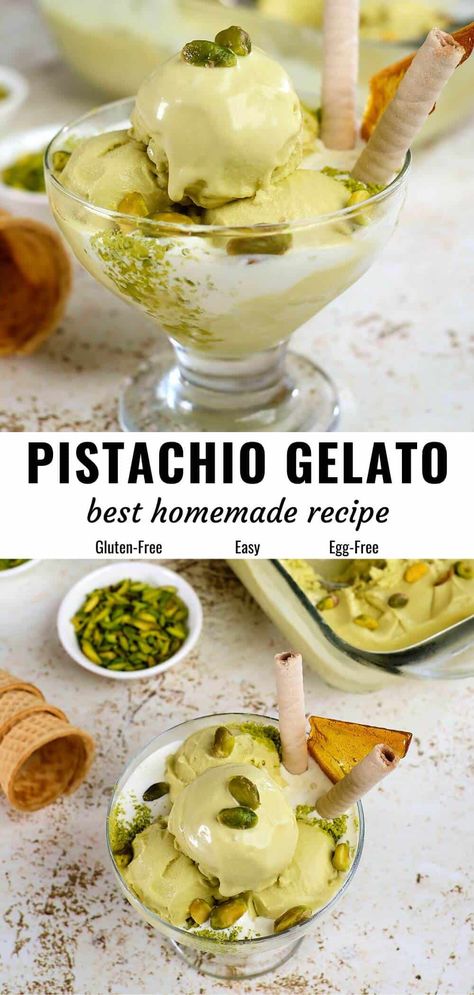 Enjoy the creamy and incredibly flavorful pistachio gelato with this easy recipe. Learn my secret to maximize the richness, flavor and color of the lovely pistachios for this nutty treat. Use an icecream maker or try other ways. #pistachiogelato #gelatorecipe #pisachioicecream What To Do With Pistachio Cream, Ninja Creami Pistachio Gelato, Homemade Pistachio Pudding, Pistachio Ice Cream Recipe Ninja Creami, Pistachio Baked Goods, Pistachio Liquor Recipes, Home Made Gelato, Pistachio Ninja Creami Recipe, Authentic Italian Gelato Recipe