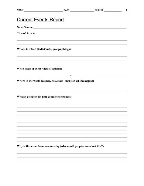 Current Events Report Worksheet for Classroom Teachers Current Events Activities High Schools, Writing Activities High School, High School Worksheets, Current Events Activities, Middle School Reading Classroom, Summarizing Worksheet, Current Events Worksheet, Teaching Government, Economics Lessons