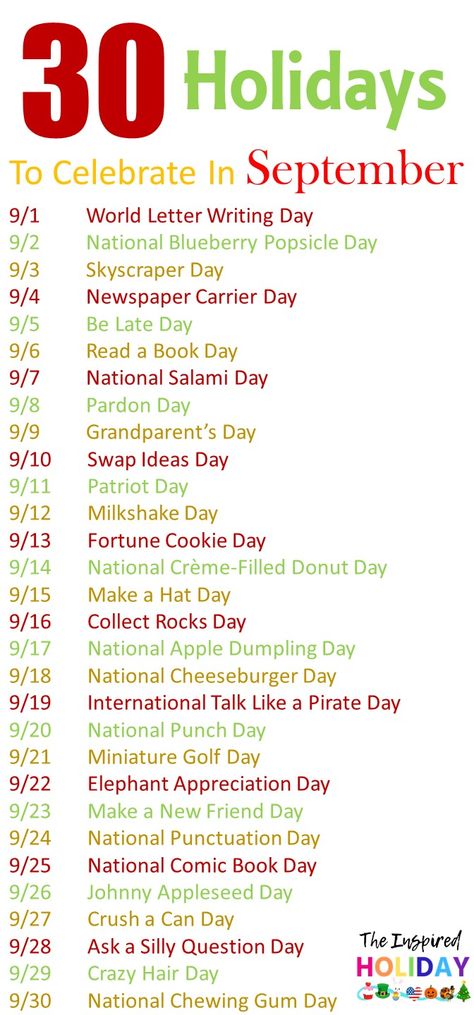 30 holidays to celebrate in September. Find out all the wacky and silly holidays you can celebrate with your family this September. #wackyholidays #septemberholidays #funandsillyholidays Humour, Special Days In September, Monthly Holidays, Unique Holidays, National Holiday Calendar, September Holidays, Monthly Celebration, Silly Holidays, March Holidays