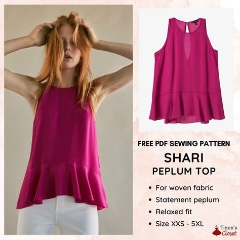 Shari Peplum Top FREE Sewing Pattern | Sewing 4 Free Molde, Free Sewing Patterns For Women Tops, Peplum Top Pattern, Sleeveless Top Pattern, Free Pdf Sewing Patterns, Sewing Tops, Sewing Shirts, Sleeveless Peplum Top, Save The Earth