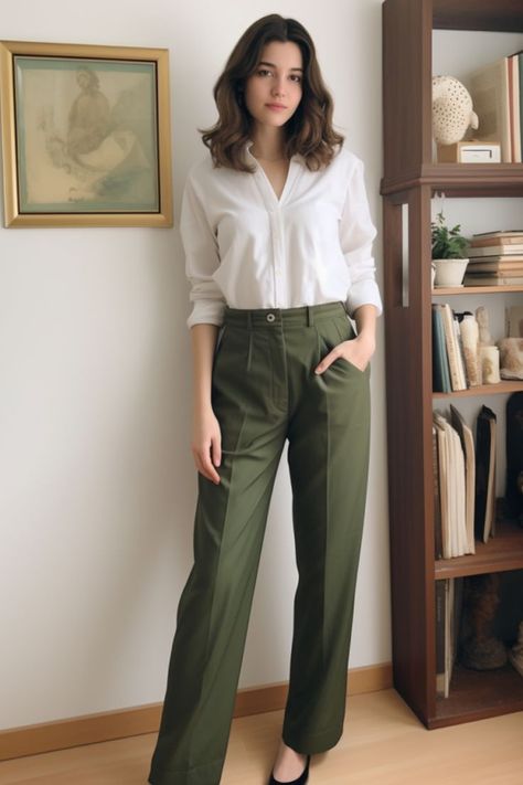 Classic White Shirt and Olive Green Pants Olive Green Pant Outfit, Olive Pants Outfit For Work, Green Pant Outfit, Green Pants Outfit Work, Olive Green Shirt Outfit, Pant Outfit Ideas, Olive Pants Outfit, Olive Green Pants Outfit, Green Shirt Outfits