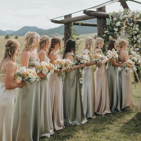 BIRDY GREY 🐥 on Instagram: "Love this palette of soft, earthy neutrals 🤍 Featuring our satin bridesmaid dresses in Moss Green, Neutral Champagne and Gold • 📸: @abbyrindelsphoto via @mountain.magnolia.events #birdyinthewild #BIRDYGREY" Eucalyptus And Champagne Bridesmaid Dresses, September Wedding Bridesmaids, Light Green Bridesmaid Dresses, Moss Bridesmaid Dress, Beige Bridesmaids, Champagne Wedding Colors, Earthy Neutrals, Neutral Bridesmaid Dresses, Sage Bridesmaid Dresses