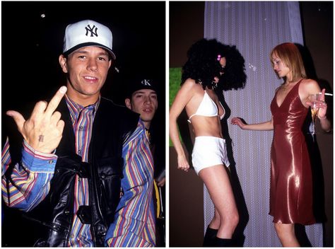 Left: Mark Wahlberg flips off the camera at Club USA, 1993. Right: Amber Valletta and a friend dance at her birthday party at Palladium, 1995. Mark Wahlberg 90s, 2000s Fashion Outfits Party, 90s Rave Aesthetic, Mark Wahlberg Young, Michael Alig, East Coast Fashion, Marky Mark, 90s Dance, Clubbing Outfit
