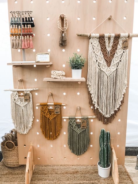 Saturday Market Macrame Booth Setup | Peg Board Display Macrame Market Stall Display Ideas, Peg Display Board, Macrame Retail Display, Macrame Shop Display, Lanyard Market Display, Macrame Pop Up Shop Display, Market Display Wall, Peg Board Booth Display, Booth Hanging Display