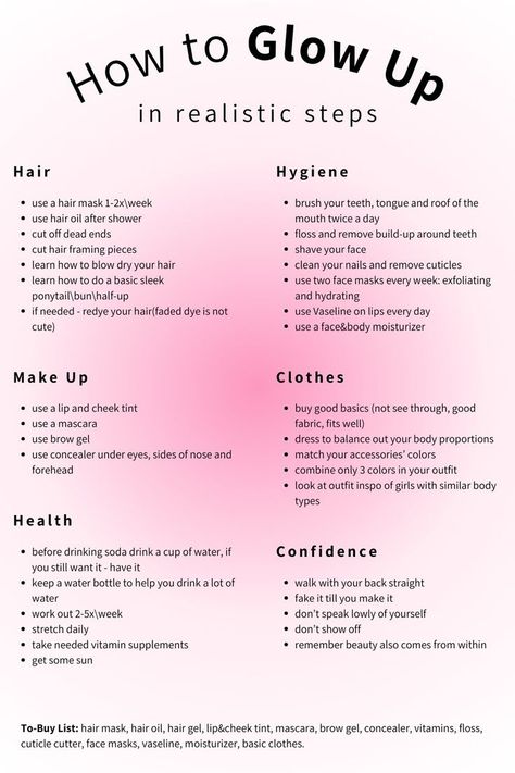 basic realistic things to do in order to glow up <3 comment if you're going to do some of these :) follow for more #glowup #fashion #pilates #healthy #lifestyle #clothes #girls it girl, self care, that girl, beauty tips, glow up tips Tenk Positivt, Inspirerende Ord, Basic Skin Care Routine, Self Care Bullet Journal, Buku Skrap, Self Confidence Tips, Confidence Tips, Glow Up Tips, Girl Tips